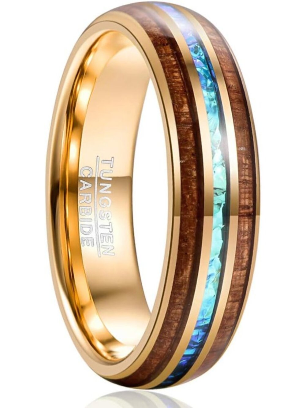 Stylish Men's Tungsten Wedding Band with Wood & Abalone Shell Inlay, Blue Accent